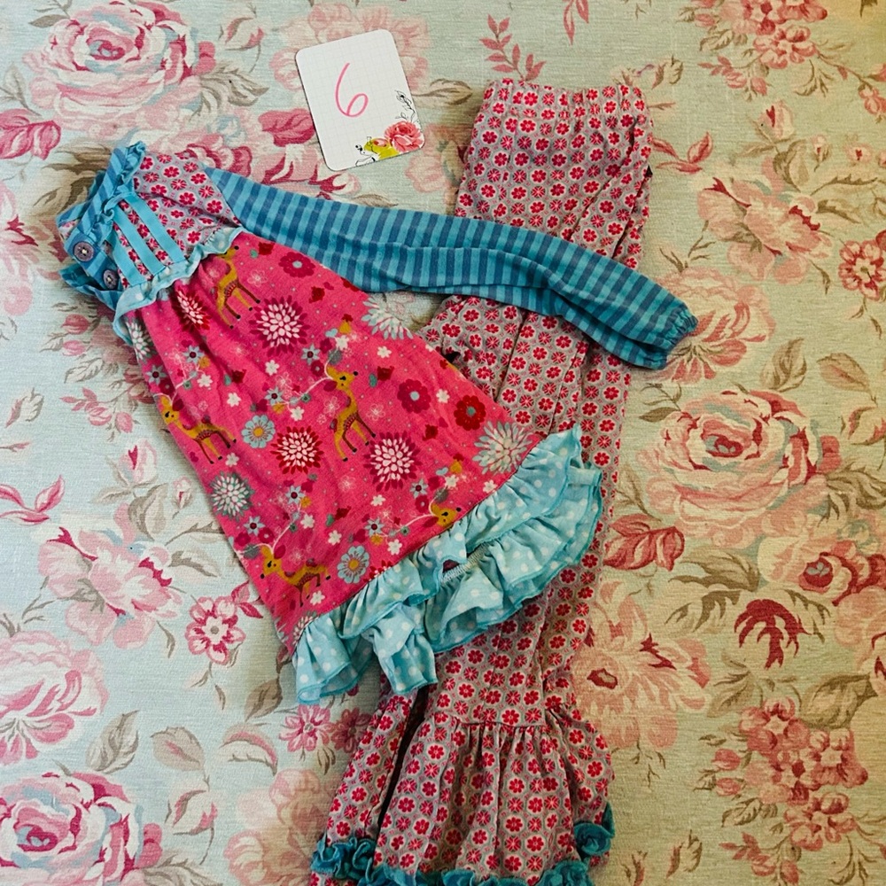 Girls' Pink Floral & Deer Pajama Set with Blue Accents